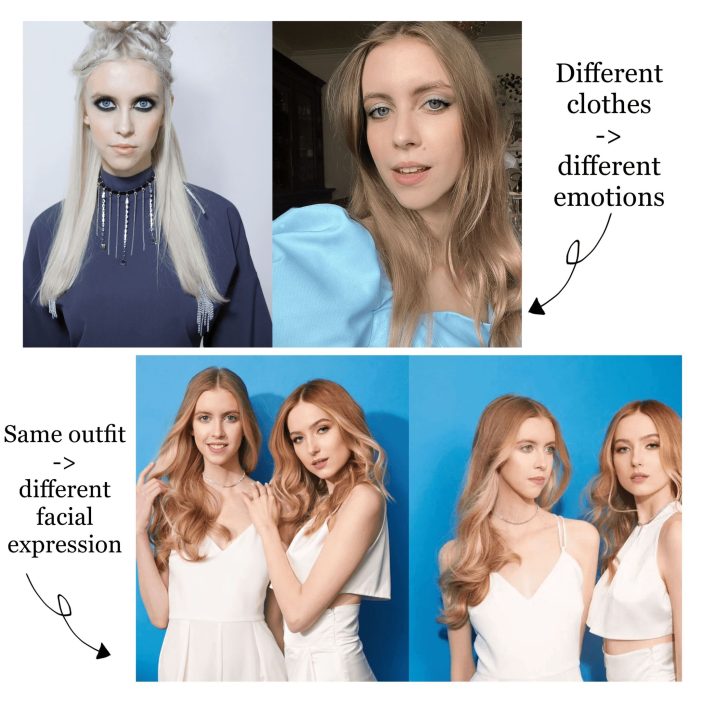 This collage showcases the profound impact of fashion and expression on a model's portrayal. The upper section illustrates how different outfits can evoke distinct emotions, from the edgy, dramatic look of a gothic ensemble to the soft, approachable vibe in a pastel blue top. The lower section highlights the versatility within the same outfit, showing how subtle changes in facial expressions can convey different moods and personalities. Together, these images underscore the dynamic interplay between attire and expression in fashion photography. 