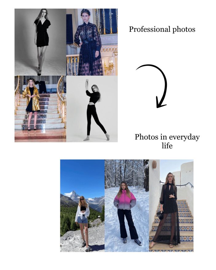 This collage captures the dual life of a model, contrasting highly stylized professional photos with the spontaneity of everyday snapshots. In the professional shots, she poses with poise and elegance in luxurious settings, dressed in stunning outfits ranging from sleek black attire to intricate evening gowns. Below, the photos depict her relaxed moments in natural environments, from mountain vistas to snowy landscapes, offering a glimpse into the personal life behind the glamorous façade. This collection highlights the balance between the curated art of fashion modeling and the genuine simplicity of daily life.