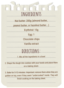 A recipe card showing the ingredients and steps to bake keto cookies