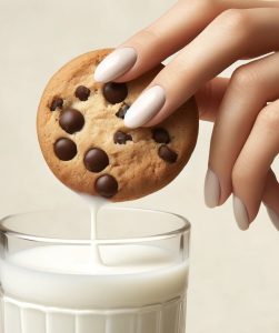 Keto chocolate chip cookie being dipped into a glass of milk