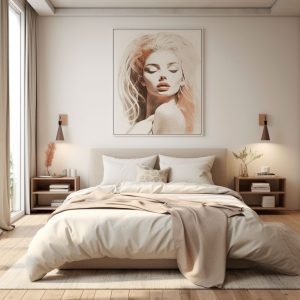 Schlafzimmer mit warmen Farbtönen, einem grossen Bett und gemütlicher Einrichtung 