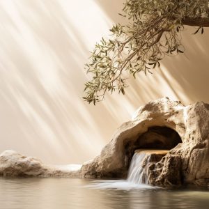Idyllisches Bild eines kleinen Wasserfalls unter einem Baum