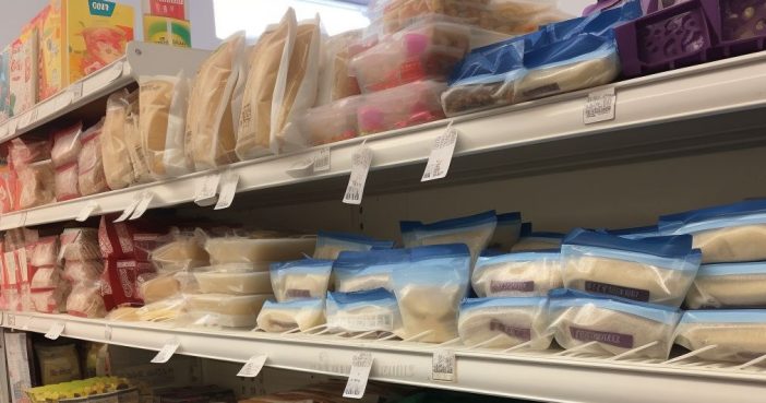 Photo of shelves in the supermarket with various frozen ready made food items, such as chicken and vegetable sandwiches.