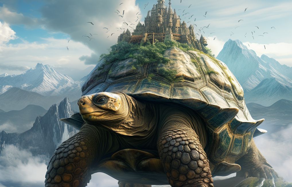 A cartoon turtle with carrying a mountain on its back. 