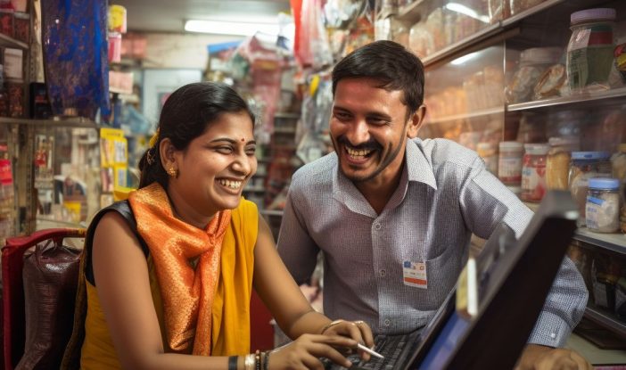 A happy Indian shopkeeper man and woman in their small colorful grocery store, smiling as they work on the computer together.