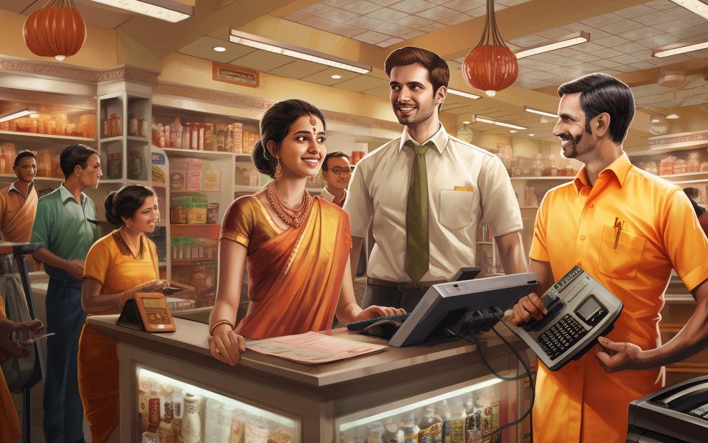 An Indian supermarket staff in an orange uniform, working at the cash register with an Indian woman wearing a saree and a man behind her using his phone to make payment while other customers wait for their turn. The background is a well-lit, vibrant interior of a premium grocery store.