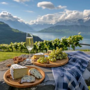 Champagne and Cheese Platter in Switzerland with a view over a lake