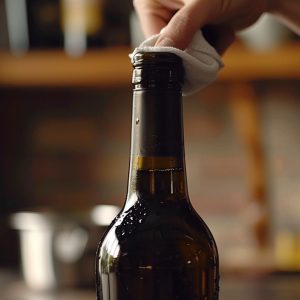 Wiping the neck of the wine bottle