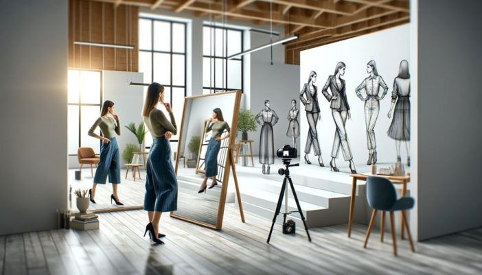 This image captures a moment of inspiration within a fashion designer's studio, illustrating the blend of traditional and modern techniques in the creation of fashion. A designer studies her reflection and fine-tunes her own outfit, surrounded by sketches of elegant women's apparel, in a sunlit, spacious studio. The setting highlights the essential tools of the trade—from sketches and mirrors to cameras—each playing a role in transforming creative visions into wearable art.