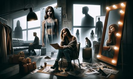 This powerful composite image reveals the hidden struggles faced by models in the industry. It highlights the immense pressure to conform, the instability of work, the prevalence of exploitation, mental health challenges, and the emotional toll of constant rejection. Each vignette captures a different aspect of these challenges, providing a somber and reflective look behind the glamorous facade of the modeling world. This visual representation underscores the resilience required to navigate and survive in the modeling industry.