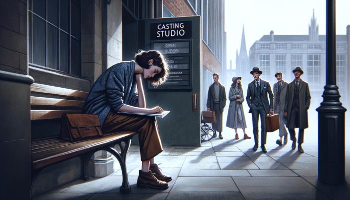 This evocative image captures the emotional weight of rejection in the modeling world. A young model sits alone on a bench outside a casting studio, her posture slumped and her expression downcast as she holds her portfolio. The distant group of other models talking and laughing emphasizes her isolation. The scene underscores the resilience and strength required to navigate the frequent rejections that are a routine part of a model’s career, highlighting the often unseen emotional challenges behind the glamorous facade.

