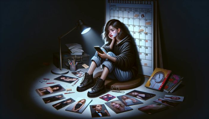 This poignant image illustrates the unpredictable and unstable nature of work in the modeling industry. A young model sits in a dimly lit room, anxiously looking at her phone, surrounded by scattered portfolios and fashion magazines. The calendar with many empty dates and a few circled ones symbolizes the irregularity of job opportunities, emphasizing the constant state of uncertainty and anxiety that models often endure in their careers.