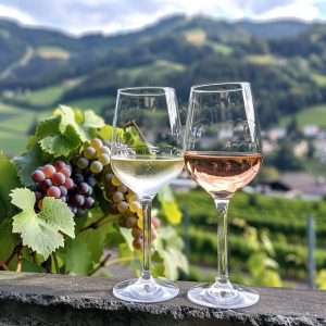 A Glass of White and Rosé Wine in a Swiss Wineyard