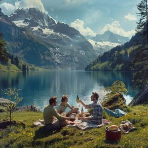 A picnic with wine at a Swiss Lake in Summer