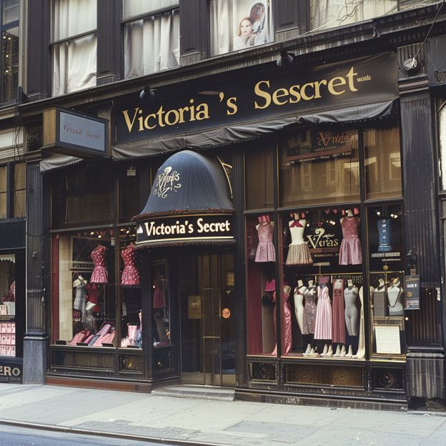 A vintage photograph of the front facade of the "Victoria's Secret" store in London, featuring mannequins wearing pink and black dresses displayed in the windows, with gold lettering on top that reads 'pandora', 35mm film still, soft natural lighting, cinematic, grainy film effect in the style of pandora.