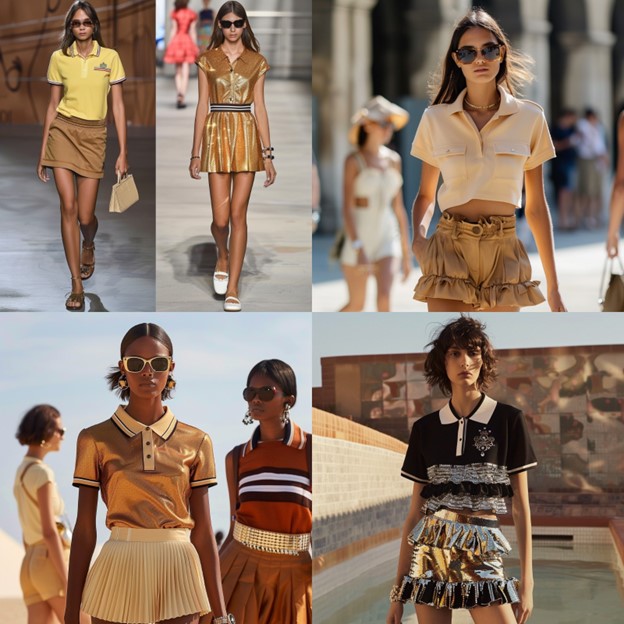 Experience the resurgence of the polo shirt in 2024 with a modern twist on this classic staple. These stylish ensembles feature polo shirts paired with everything from pleated skirts to ruffled shorts, highlighting their versatility and timeless appeal. With a palette of warm, golden hues and luxurious fabrics, the polo shirt is reimagined for contemporary fashion. Perfect for casual outings or chic daytime events, this trend combines a touch of nostalgia with current trends, making the polo shirt a must-have for the fashion-forward individual.