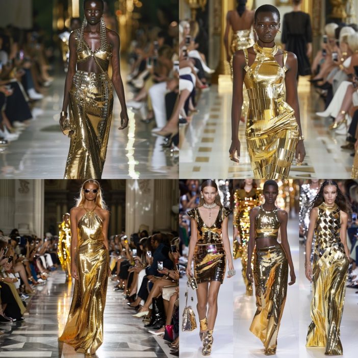 Step into the spotlight with the dazzling trend of golden glamour. These stunning runway looks feature luxurious gold fabrics, shimmering sequins, and intricate metallic details that catch the light with every move. From floor-length gowns to chic mini dresses, each piece is designed to make a statement. Perfect for glamorous events and special occasions, this trend celebrates opulence and sophistication, ensuring that you shine brightly wherever you go. Embrace the allure of gold and let your style radiate confidence and elegance in 2024.
