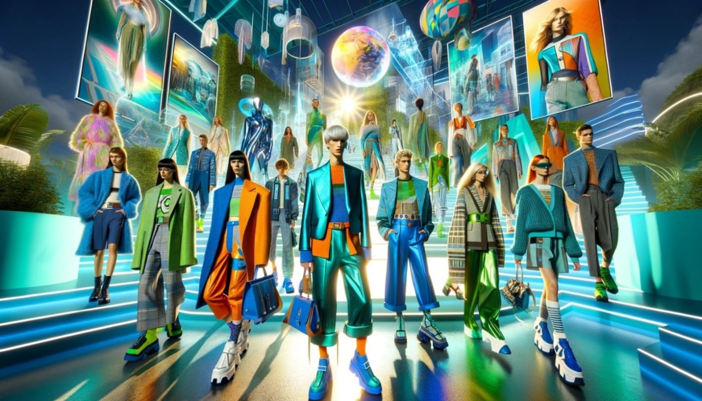 Step into the future of fashion with this vivid display of 2024's most exciting trends. Models showcase bold, vibrant color palettes featuring electric blue and neon green, alongside innovative futuristic fabrics with holographic finishes. Gender-fluid fashion is highlighted with oversized blazers and wide-leg trousers, emphasizing inclusivity and style. The backdrop integrates elements of sustainability with eco-friendly materials, set against a modern urban scene that underscores the influence of wearable technology. Bold, maximalist accessories complete the looks, capturing the innovative and dynamic spirit of 2024 fashion. This image encapsulates the blend of creativity and forward-thinking that defines the year.