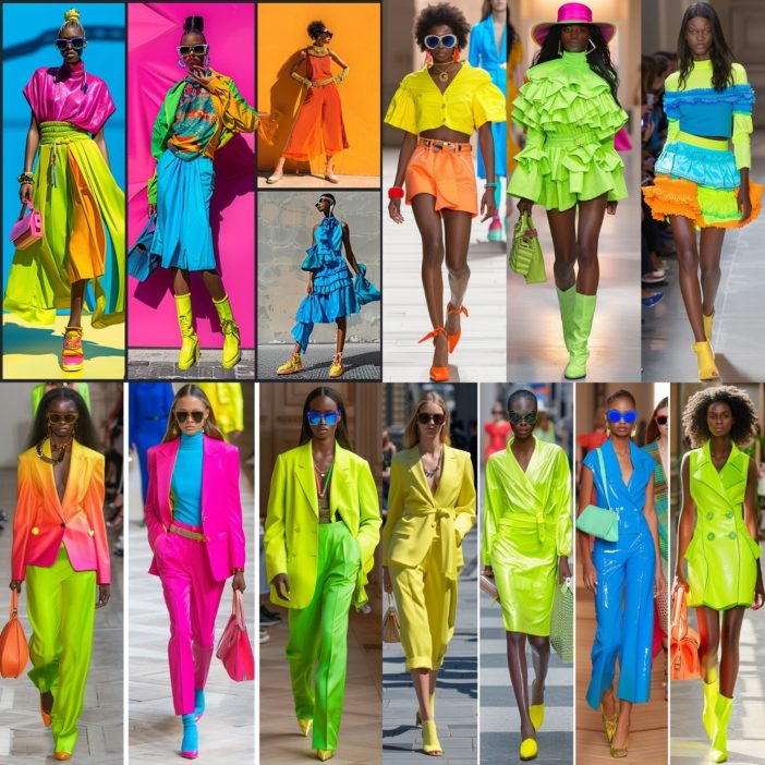 Step into 2024 with a splash of vibrant color. This trend showcases electric blues, fiery reds, neon greens, and bold yellows, bringing energy and excitement to the fashion scene. Embrace these vivid hues to make a striking statement in your wardrobe this year.