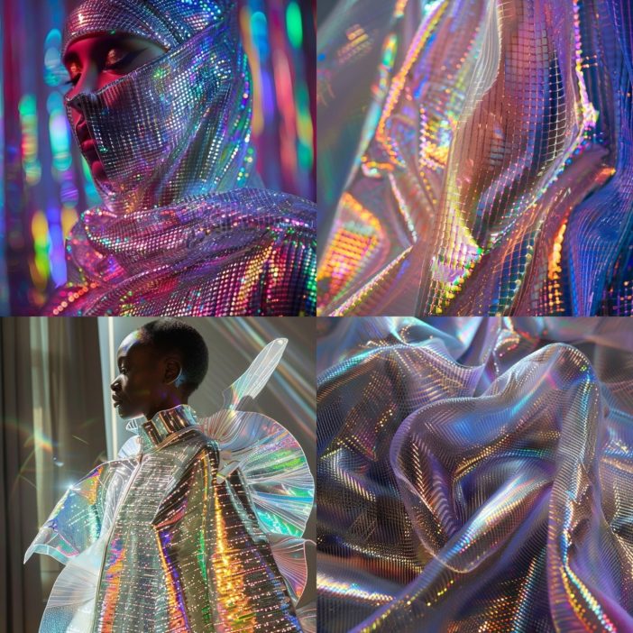 Step into the future of fashion with these stunning holographic designs. Reflecting a spectrum of iridescent hues, these garments combine cutting-edge technology with high fashion. From intricately detailed masks to fluid, shimmering fabrics, each piece is a testament to innovation and style. Perfect for those looking to make a bold statement, these futuristic fabrics offer a glimpse into the next era of fashion, where art and technology merge seamlessly.