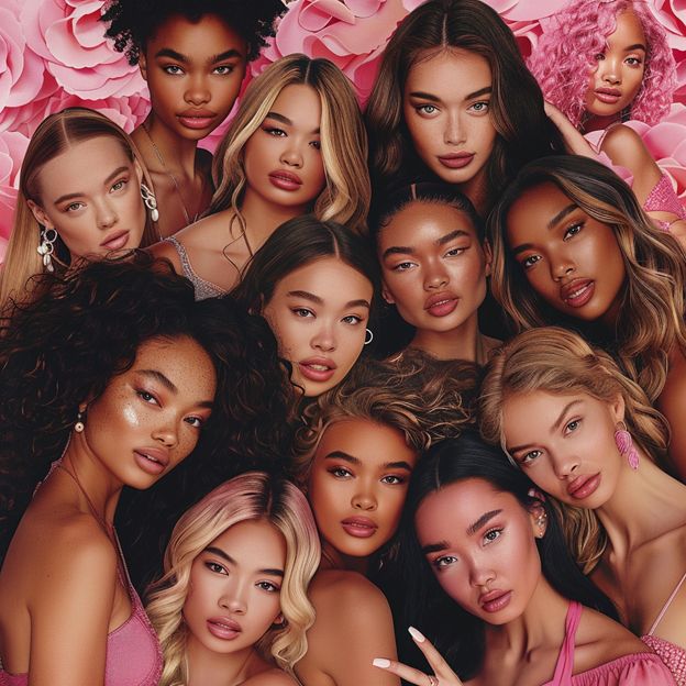 A group of beautiful models pose for the cover photo, all different ethnicities and skin tones, wearing pink lipstick and valentine themed makeup, they stand in front of a wall with roses on it, the background is a pastel pink, they hold up an airbrushes paint palette, they have long hair and soft glam eye makeup, they smile at camera, the scene has an editorial style photography look to it, high resolution, super detailed, studio lighting, very realistic