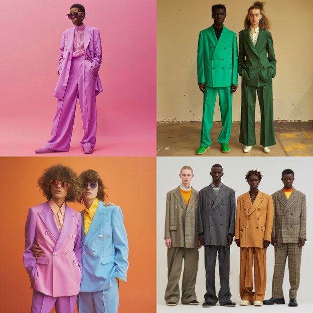 Discover the next evolution of power dressing with these vibrant and unconventional suits. Featuring a palette of striking colors from pastel pinks to bold greens, and innovative, oversized silhouettes, these designs break traditional gender norms and redefine sophistication. Perfect for making a statement in any setting, these suits blend classic tailoring with a modern, edgy twist, celebrating diversity and individual expression. Step into 2024 with confidence and style, embracing the bold new wave of fashion.