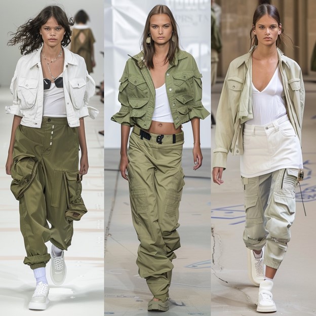 Utility fashion takes the spotlight in 2024, blending practicality with modern style. These runway looks showcase cargo pants with multiple pockets, paired with cropped jackets and basic white tops. The emphasis is on earthy tones like olive green and beige, highlighting a trend that values both aesthetics and functionality. Perfect for urban explorers and fashion-forward individuals alike, these outfits embody the essence of utility chic, offering versatility and comfort without sacrificing style.