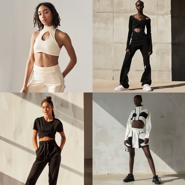 Redefine your wardrobe with the sleek and stylish athleisure trend of 2024. These looks combine functionality with high fashion, featuring minimalist designs in classic black and white tones. With cut-outs, asymmetrical lines, and tailored fits, these pieces are perfect for transitioning from a workout to a night out. Embrace the versatility and chic appeal of modern athleisure, where comfort meets cutting-edge design, creating outfits that are both practical and stylish.