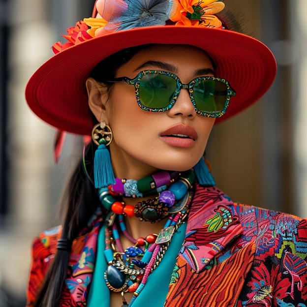 Dive into the world of maximalist fashion where more is truly more. This striking look features an explosion of colors, intricate patterns, and layered accessories that demand attention. From the wide-brimmed hat adorned with flowers to the statement sunglasses, vibrant jewelry, and richly textured jacket, every element contributes to a look that is both eclectic and cohesive. Perfect for those who love to stand out and express their individuality, this trend celebrates the joy of dressing up with bold and unapologetic flair.