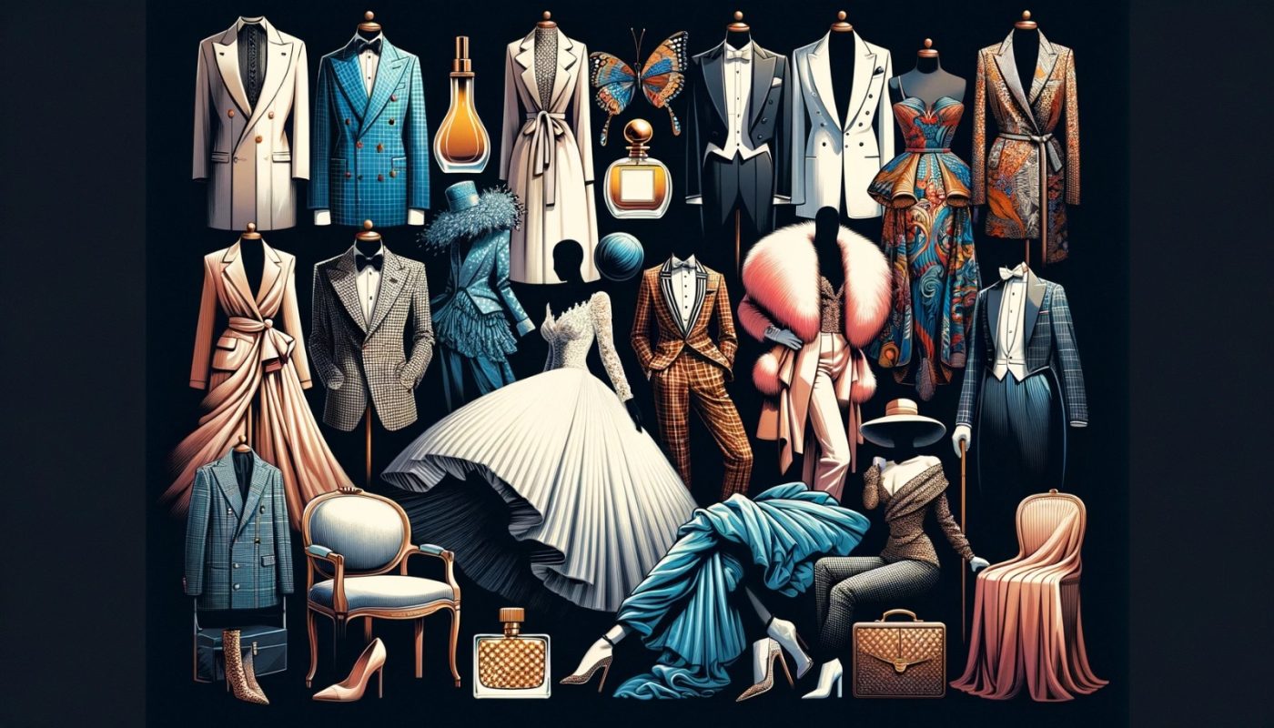 This collage offers a visual feast of iconic fashion elements, each section celebrating a different era or design philosophy without the use of human figures. From the timeless elegance of chic suits and perfume bottles to the rebellious zest of punk-inspired attire, this artwork encapsulates the essence of fashion evolution. The detailed representation of voluminous skirts, tailored suits, and avant-garde pieces invites viewers to explore the depth and diversity of fashion history. It's a tribute to the creative spirit that continues to shape our aesthetic and cultural landscapes.