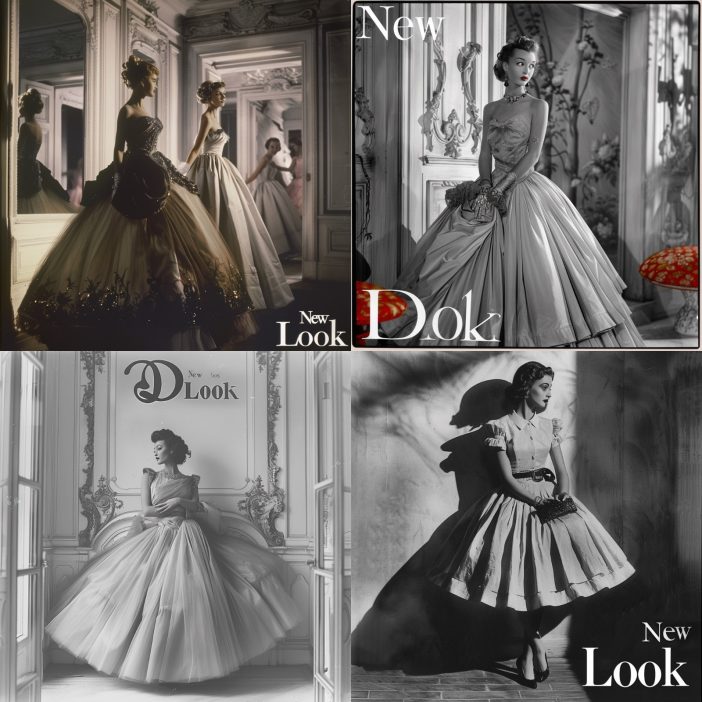 This captivating collage highlights the transformative "New Look" by Christian Dior, a groundbreaking fashion movement that reshaped women's attire after World War II. Introduced in 1947, these designs featured cinched waists, voluminous skirts, and an overall emphasis on luxury and femininity, dramatically deviating from the wartime austerity. Each image radiates the elegance and sophistication that became synonymous with Dior, showcasing the intricate details and luxurious fabrics that have left a lasting imprint on the fashion industry. Through lush settings and graceful poses, these photographs not only depict a style but tell the story of a new era in fashion that heralded opulence and refined beauty.