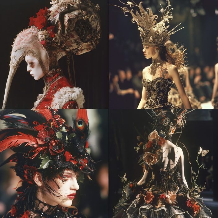 This montage showcases the distinctive and theatrical fashion creations of Alexander McQueen, renowned for his avant-garde and dramatic approach to runway shows. Each image highlights McQueen's flair for combining high fashion with performance art, featuring elaborate headpieces and meticulously detailed garments that blur the lines between clothing and costume. The designs incorporate elements from nature, historical references, and a bold use of textures and materials, creating a visual spectacle that is both haunting and beautiful. These pieces exemplify McQueen's legacy as a pioneer who used fashion as a medium to challenge and expand the boundaries of traditional design.