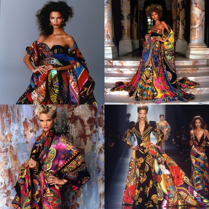 This collection of images captures the vibrant and exuberant style of Gianni Versace, a designer celebrated for his daring use of color and bold patterns. Each photograph showcases Versace’s mastery in creating dynamic, eye-catching designs that combine classical motifs with modern fashion sensibilities. The use of rich, saturated colors and intricate prints highlights Versace's unique ability to turn garments into canvases of art. From luxurious silk fabrics to dramatic draping, these designs embody the glamorous and opulent style that became synonymous with the Versace brand, making a lasting impact on the fashion industry.