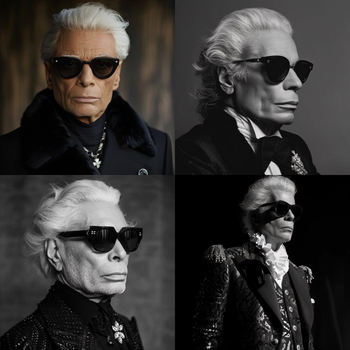 This collection of portraits captures the unmistakable style of Karl Lagerfeld, one of fashion's most influential and celebrated figures. Known for his sharp, tailored looks, signature white hair, and dark sunglasses, Lagerfeld's appearance became as iconic as the designs he created. Each image reflects his distinctive aesthetic, combining elements of sophistication and edge. Lagerfeld's legacy is marked not only by his contributions to brands like Chanel and Fendi but also by his personal style, which epitomized the blend of modernity and tradition that he brought to the fashion world. These photographs highlight the enduring impact of his vision and his indelible mark on fashion.