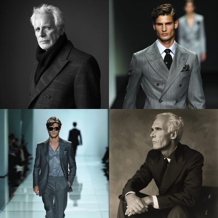 This montage elegantly showcases the sophisticated and timeless style of Giorgio Armani, a name synonymous with luxury tailoring and understated elegance. Each portrait and runway shot reflects Armani's dedication to fine craftsmanship and clean lines, highlighting his influence on menswear. The suits, characterized by their neutral tones and impeccable fit, embody Armani's philosophy that true style transcends seasonal trends. The images capture the essence of Armani's design ethos—effortless elegance that combines comfort with luxury, making his creations a staple in the wardrobes of those who value refined aesthetics and quality.