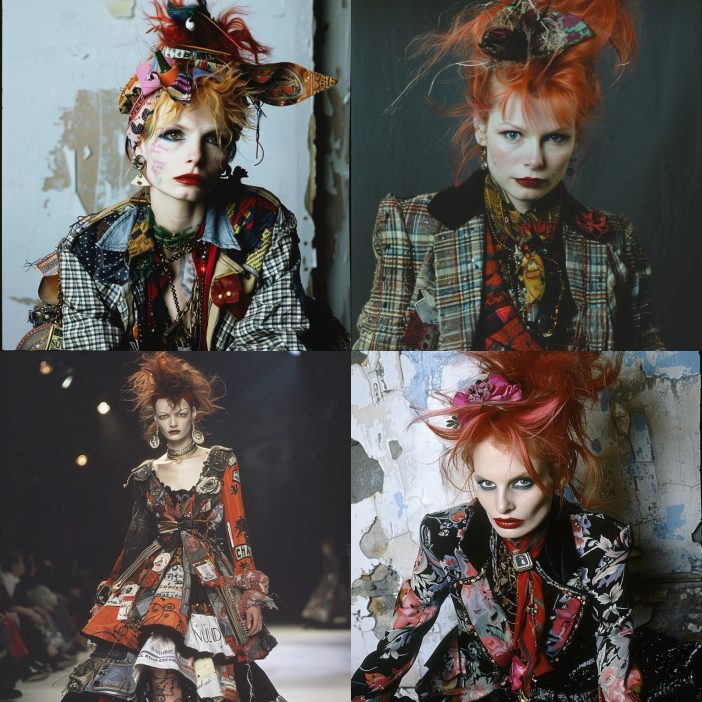 This collage vividly illustrates the groundbreaking impact of Vivienne Westwood, the queen of punk fashion. Each image captures the essence of Westwood's rebellious spirit through her innovative designs that mix traditional elements with punk culture influences. Her work is characterized by the use of vibrant colors, eclectic prints, and a bold mix of textures, embodying a defiance against conventional fashion norms. From the chaotic beauty of her outfits to the dramatic hairstyles and makeup, these portraits exemplify how Westwood’s designs were not just clothing but a powerful form of social and cultural expression. This montage celebrates her role in transforming the fashion landscape by injecting it with a raw, unapologetic edge.