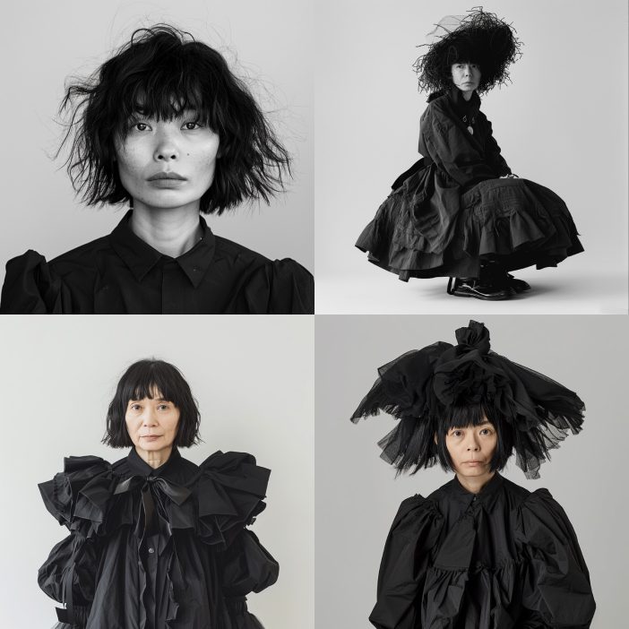This collection of portraits captures the enigmatic essence of Rei Kawakubo, the visionary behind Comme des Garçons, renowned for her avant-garde approach to fashion. Each image portrays Kawakubo alongside her innovative designs, characterized by their abstract forms and playful yet somber use of black. The minimalist backdrop accentuates the complex textures and voluminous shapes of her garments, highlighting her mastery of deconstruction and unconventional aesthetics. These photographs not only showcase her unique style but also reflect her philosophy of challenging traditional fashion norms and exploring the space between 'not clothing' and 'clothing.' Kawakubo's work continues to inspire and provoke thought in the fashion industry and beyond.