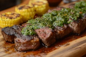 Grilled Argentinian steak topped with chimichurri sauce and served with roasted corn on a wooden platter.