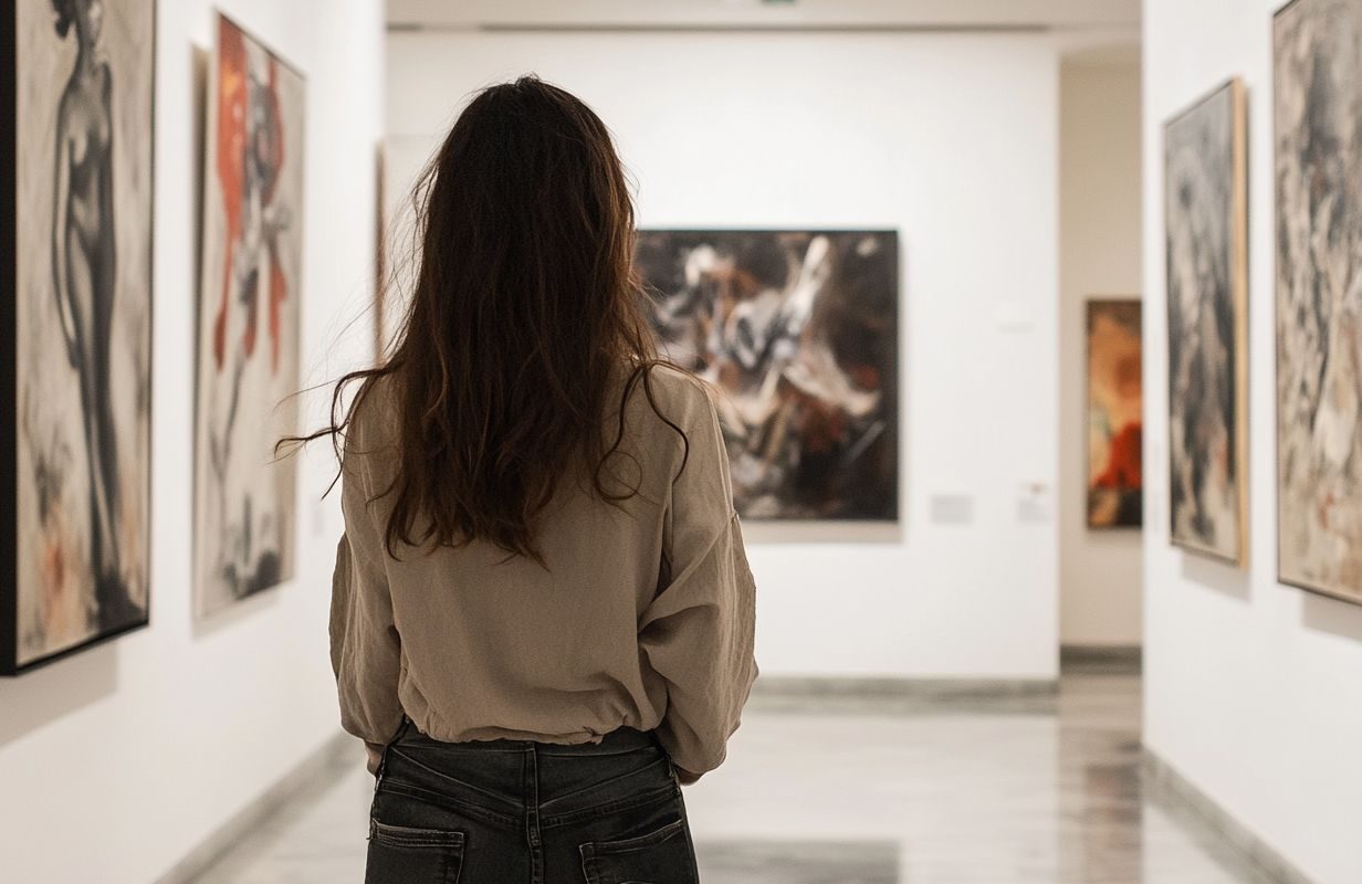 AI generated image, Girl walking through milan art gallery