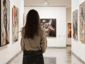 AI generated image, Girl walking through milan art gallery