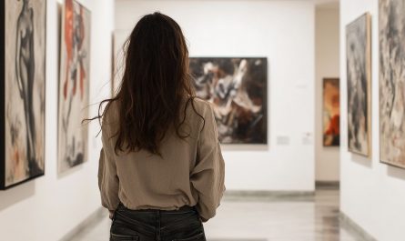 AI generated image, Girl walking through milan art gallery