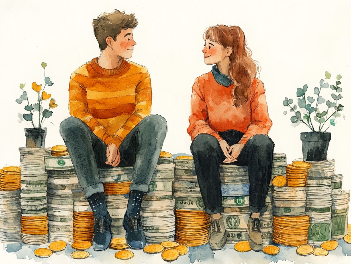 A man and a woman sit on a pile of money and smile at each other, but they wonder if they are really happy with all that wealth.