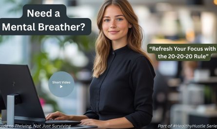 Young professional woman smiling at the camera while working in a modern office, promoting eye and mental breather with the 20-20-20 rule.