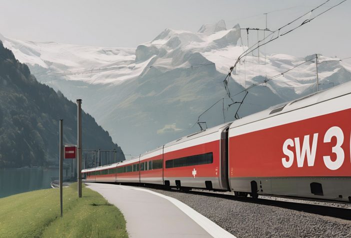 Swiss train passing through snow-capped Alps under a cloudy, grey sky
