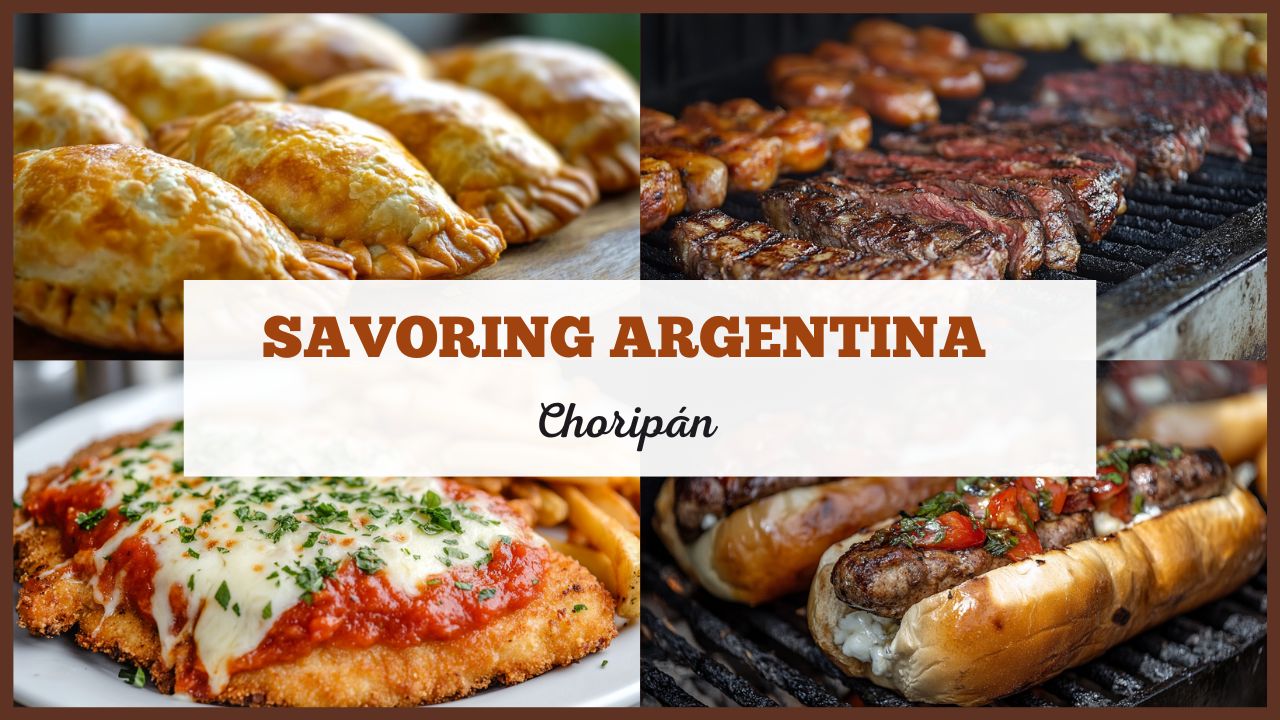Choripán and iconic Argentine foods including empanadas, grilled asado meats, and milanesa a la napolitana – part of the Savoring Argentina food series.