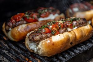 Argentinian choripán sandwiches with grilled chorizo, melted cheese, and chimichurri salsa on a hot grill