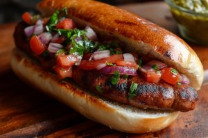 Grilled Argentine choripán sausage sandwich with salsa criolla topping on a toasted bun