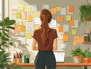 girl tracking habits on post its on the wall