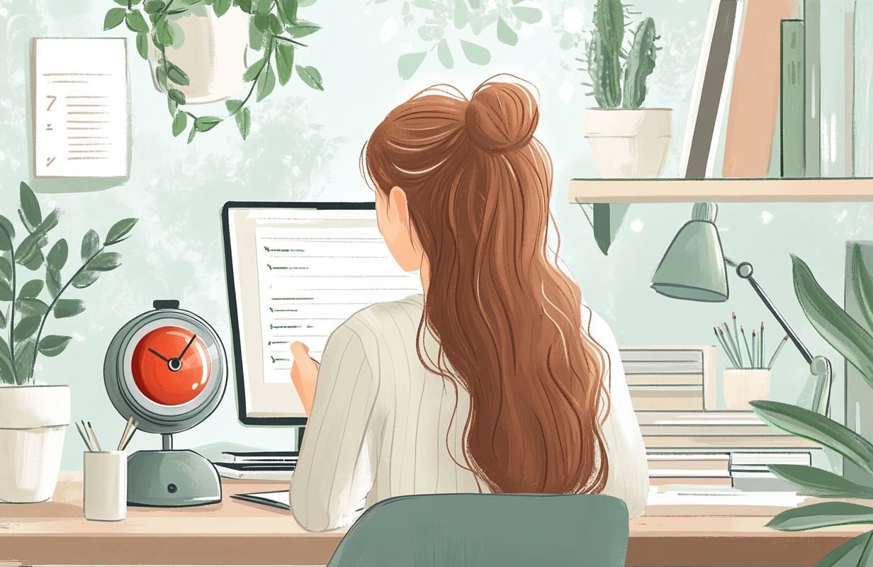 Flat illustration of a student studying at a desk with a tomato-shaped kitchen timer and digital clock, symbolising the Pomodoro Technique for focused work and time management.