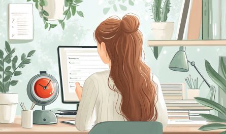 Flat illustration of a student studying at a desk with a tomato-shaped kitchen timer and digital clock, symbolising the Pomodoro Technique for focused work and time management.